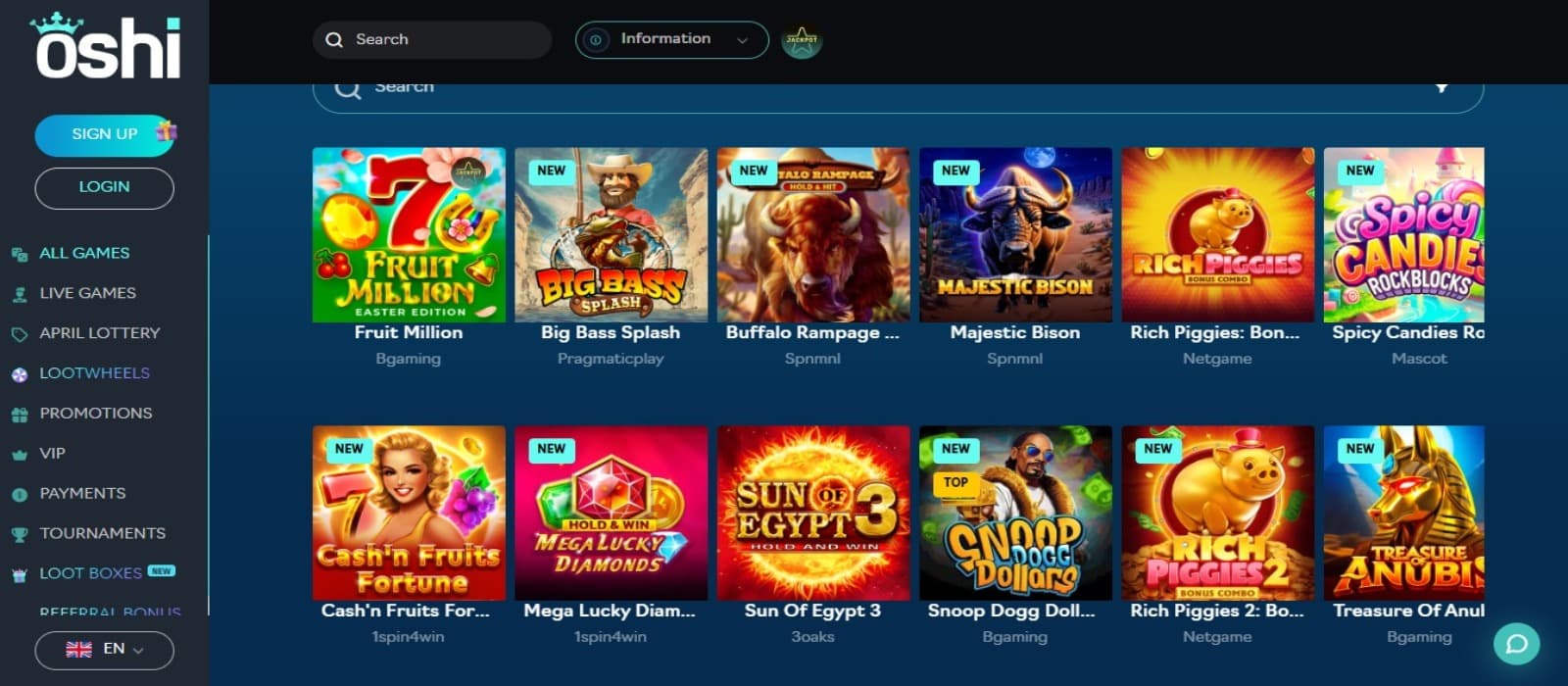 Oshi Casino games page with the colorful slot game icons and left side navigational menus