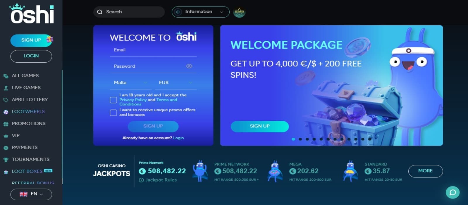 Oshi Casino landing page with the welcome package banner and the mascot and sign up box with left side navigation menus