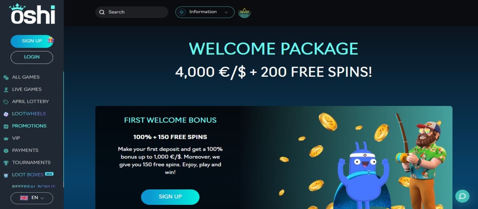 Oshi Casino promotions page with the welcome bonus offer banner and left side navigational menus