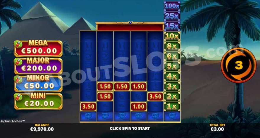 Golden Pyramid Spins with Jackpots on the left of the reels.