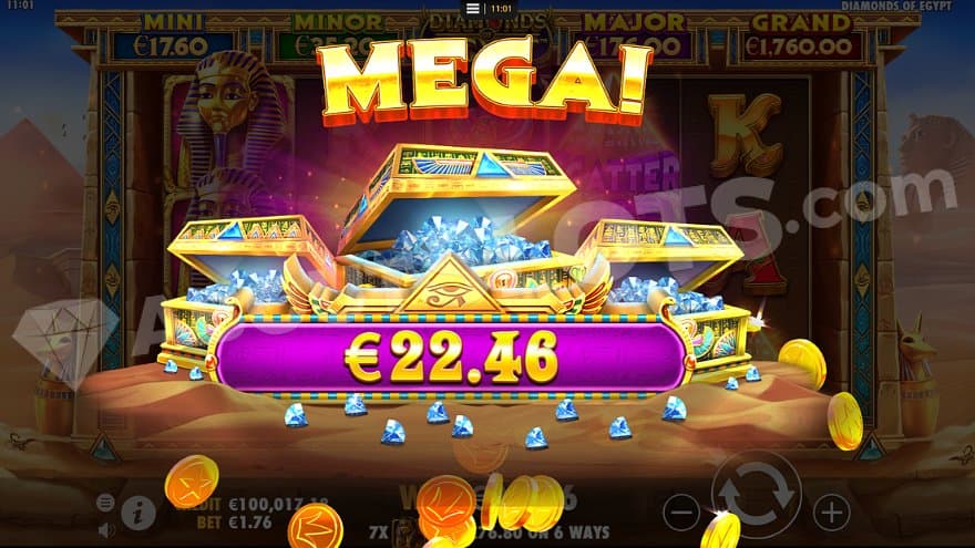 Three treasure chests with diamonds and a text saying: "Mega, €22.46." 
