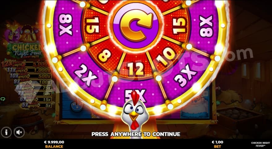 Free Spins wheel showing various amounts of free spins and win multipliers.