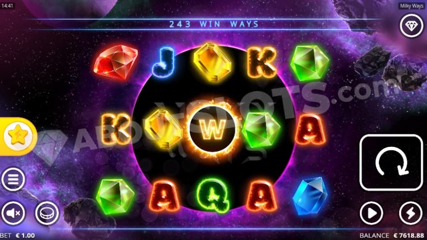 Base game with gemstone symbols on the reels, with a large universe in the background.