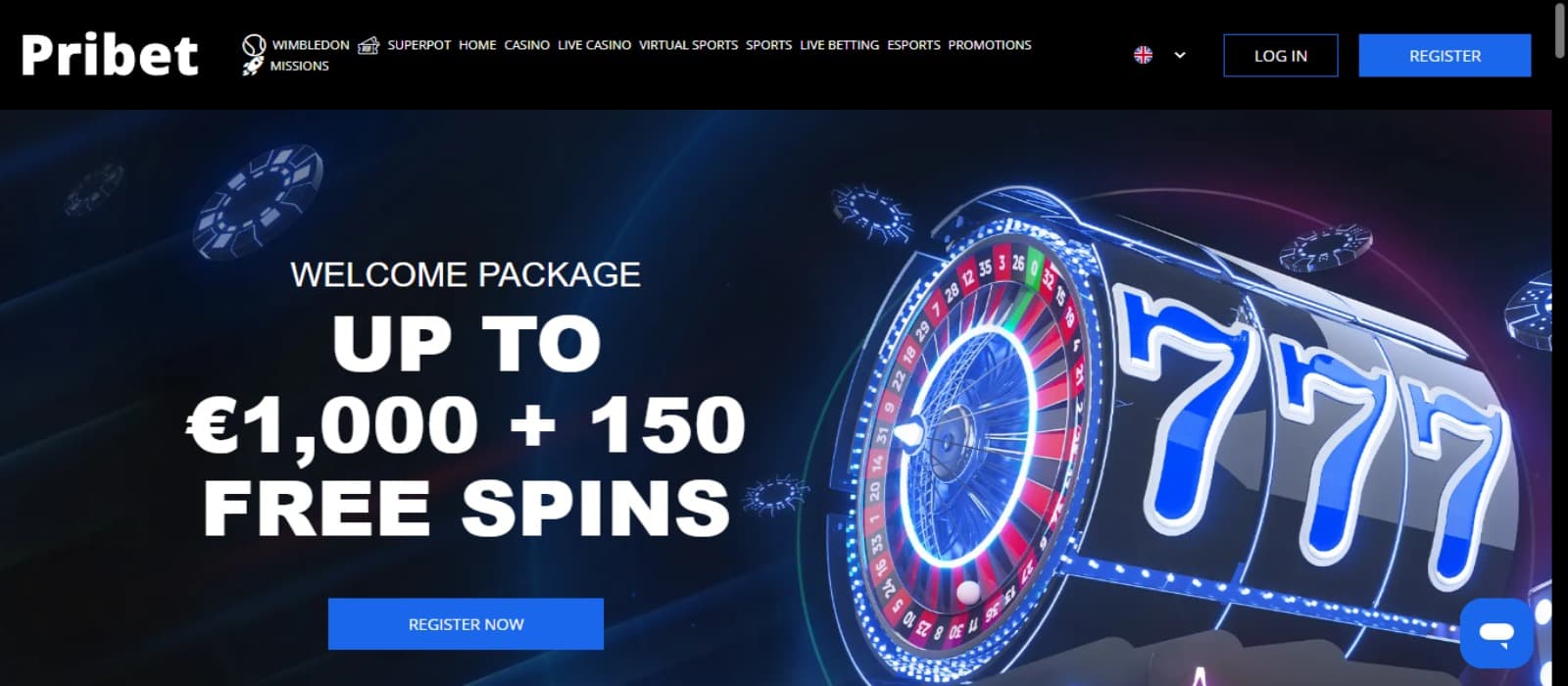 Pribet Casino landing page with the welcome bonus banner and top navigation menus