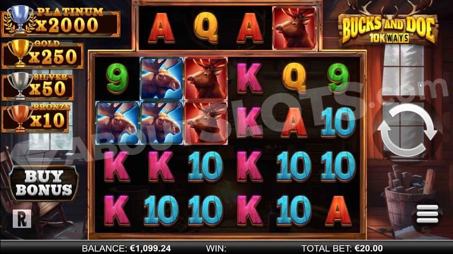 Six casino slot reels in a hunting cabin. 