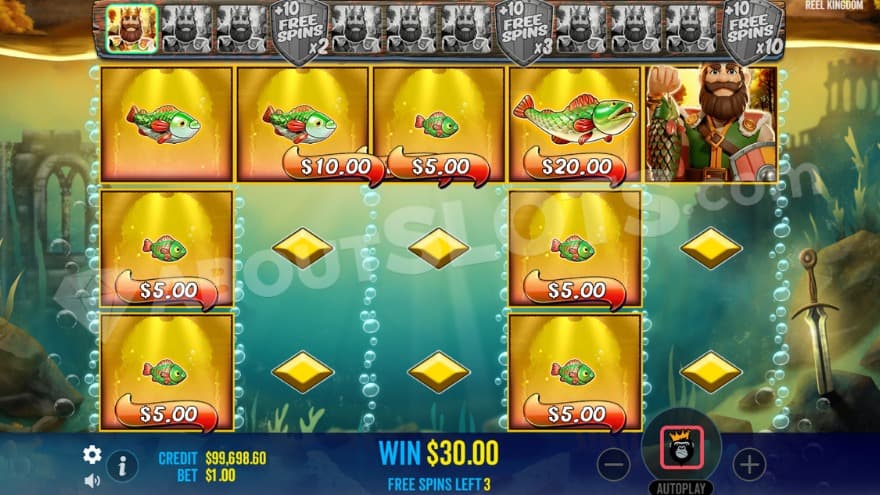 Golden Lake Free Spins feature with only fish, collect, and blank symbols being present on the reels.