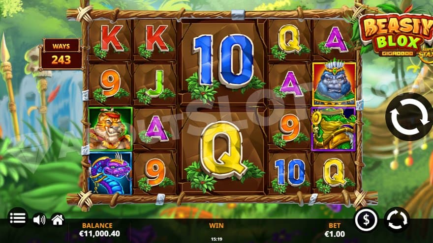 A casino grid with animals and other symbols in a jungle.