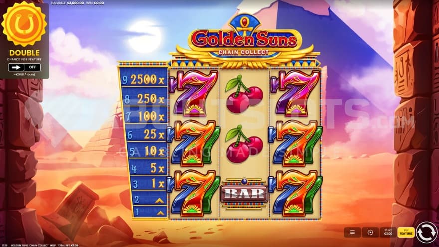 Base game with a pyramid in the background of the reels.