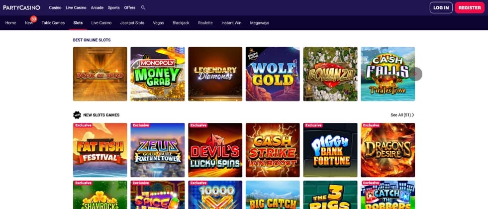 Party Casino's game page with a selection of new slots