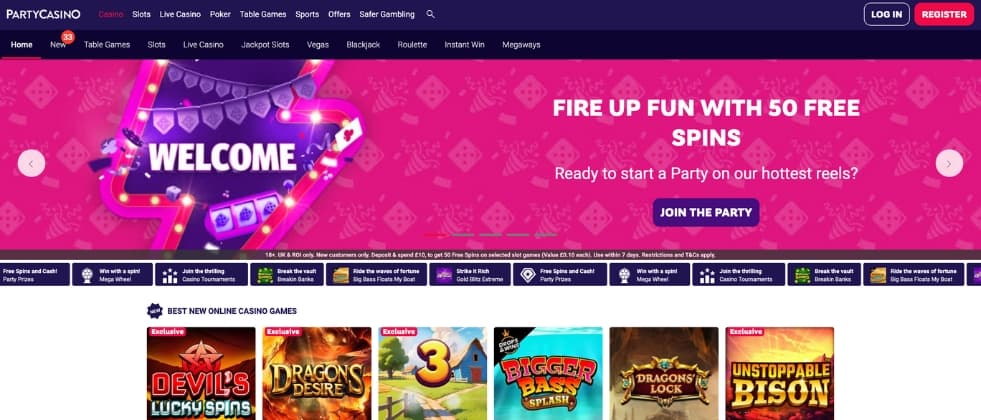 Homepage of Party Casino with a banner describing their 50 free spins bonus