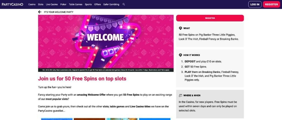Party Casino's promotions page with a description of their 50 fs bonus
