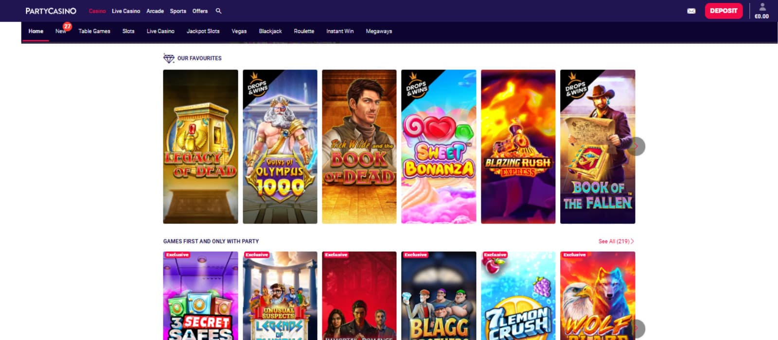 PartyCasino games page showcasing titles like Legacy of Dead and Sweet Bonanza. Includes exclusive titles like Blagg and Wolf Blaze.