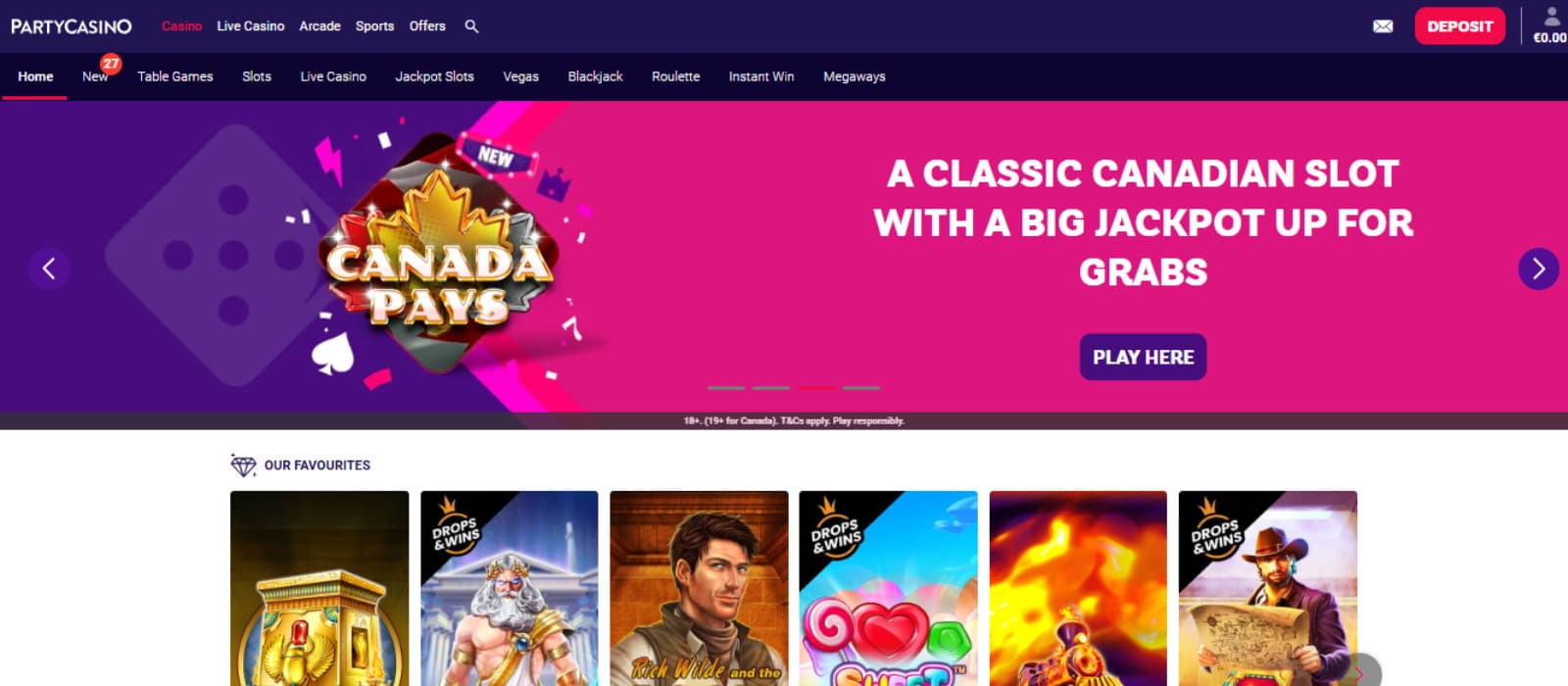 PartyCasino homepage banner featuring the ‘Canada Pays’ slot promotion with bold text highlighting a big jackpot prize, alongside a carousel of popular slot games like Sweet Bonanza, Rich Wilde, and Gates of Olympus.