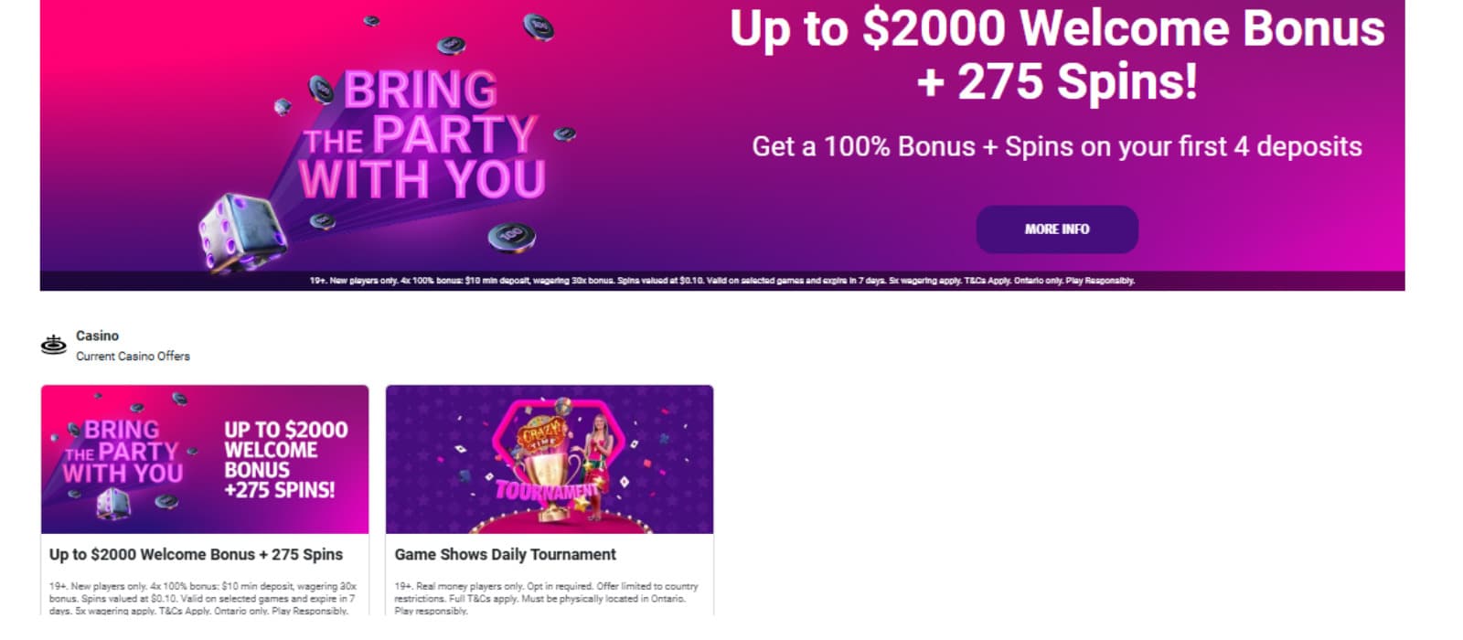 PartyCasino promotions page showing $2000 welcome bonus and 275 bonus spins, game shows daily tournaments and other offers. 