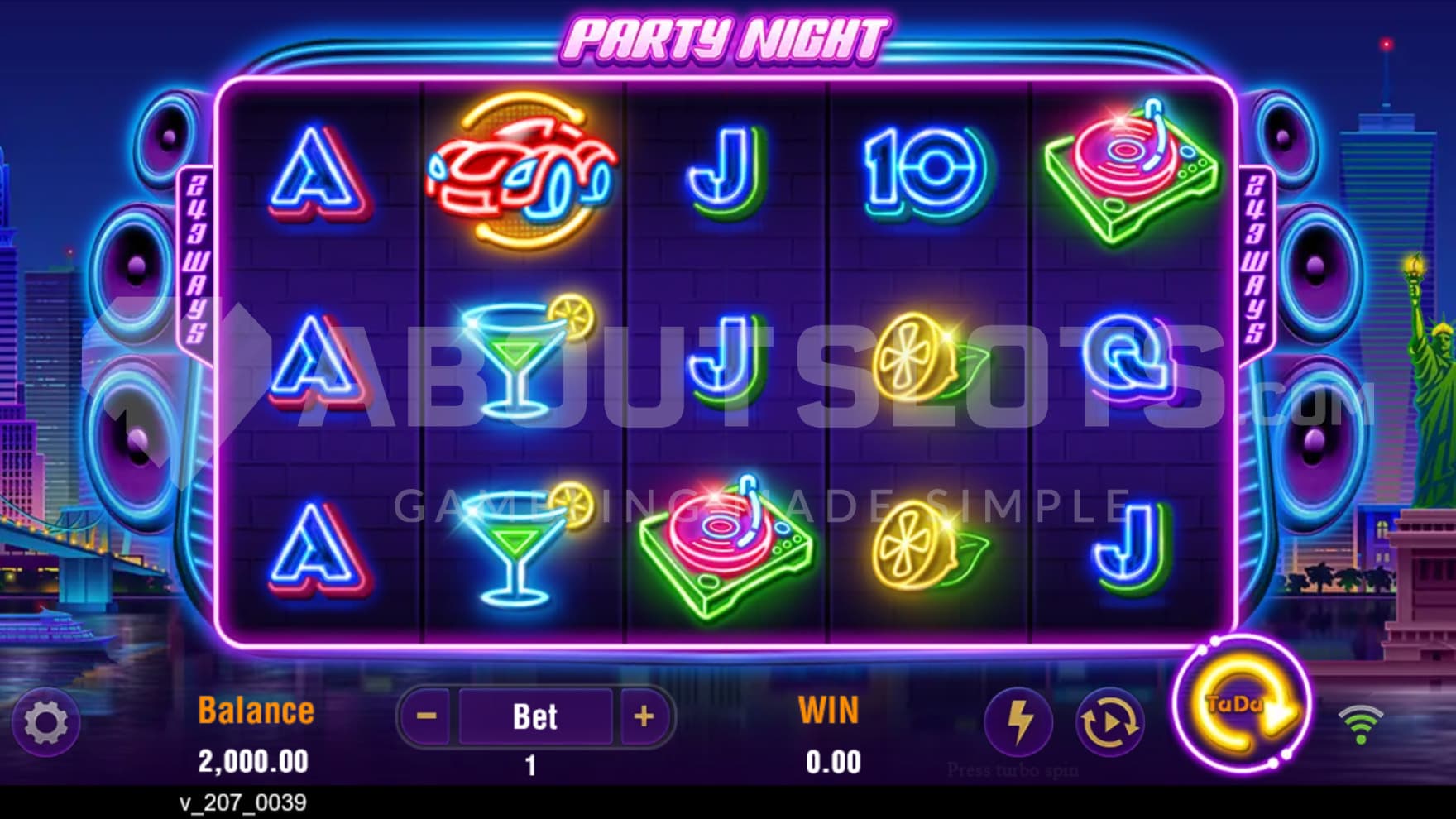 The base game with a view of a neon lit New York City