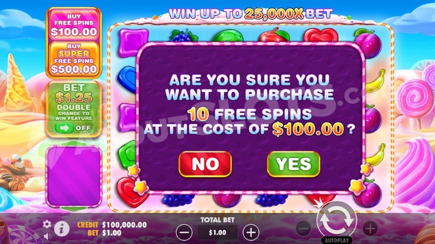 Bonus buy option with the option to buy ten free spins for a cost of 100 times the bet.