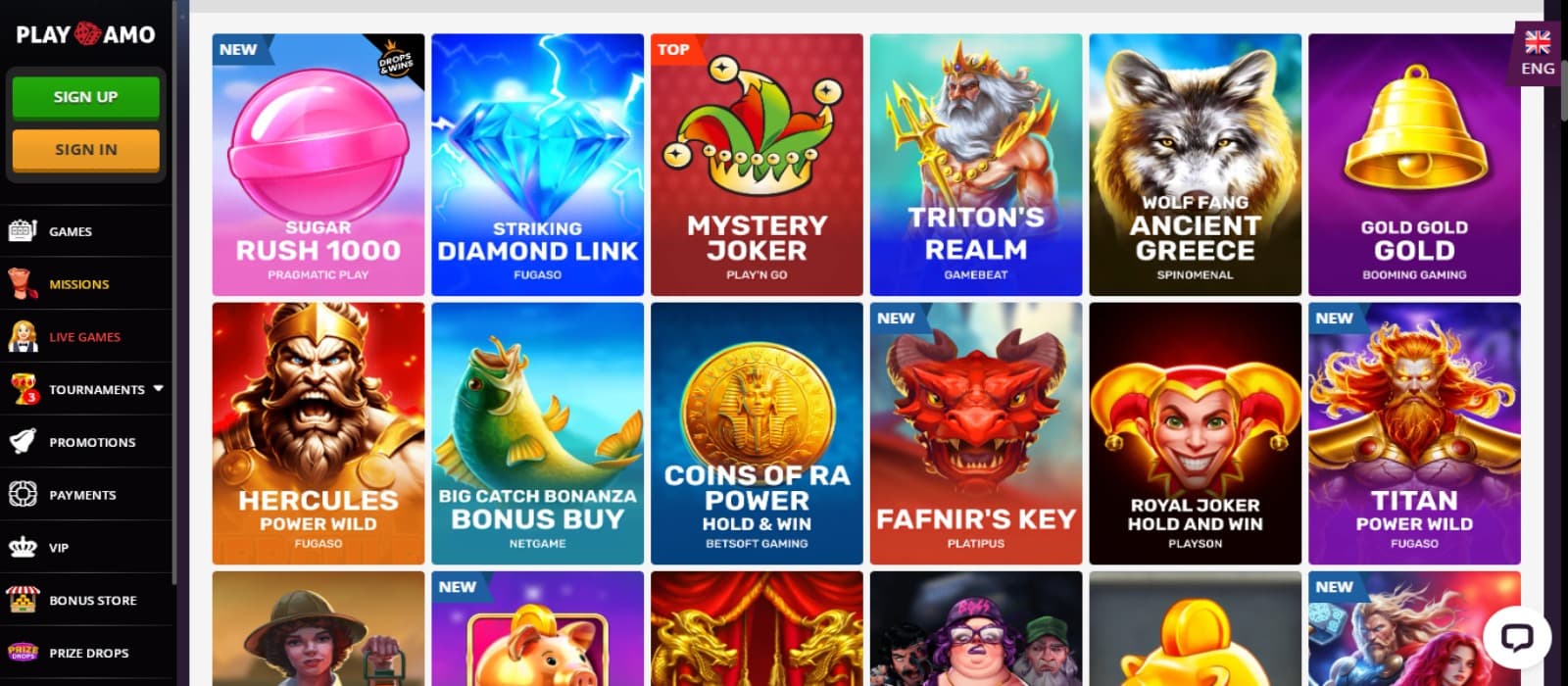 PlayAmo Casino games page with the colorful slot game icons and left navigational menus