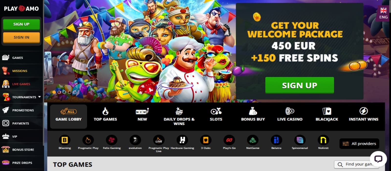 PlayAmo Casino landing page with the welcome bonus offer and animated figures, game selection menus and left navigation panel