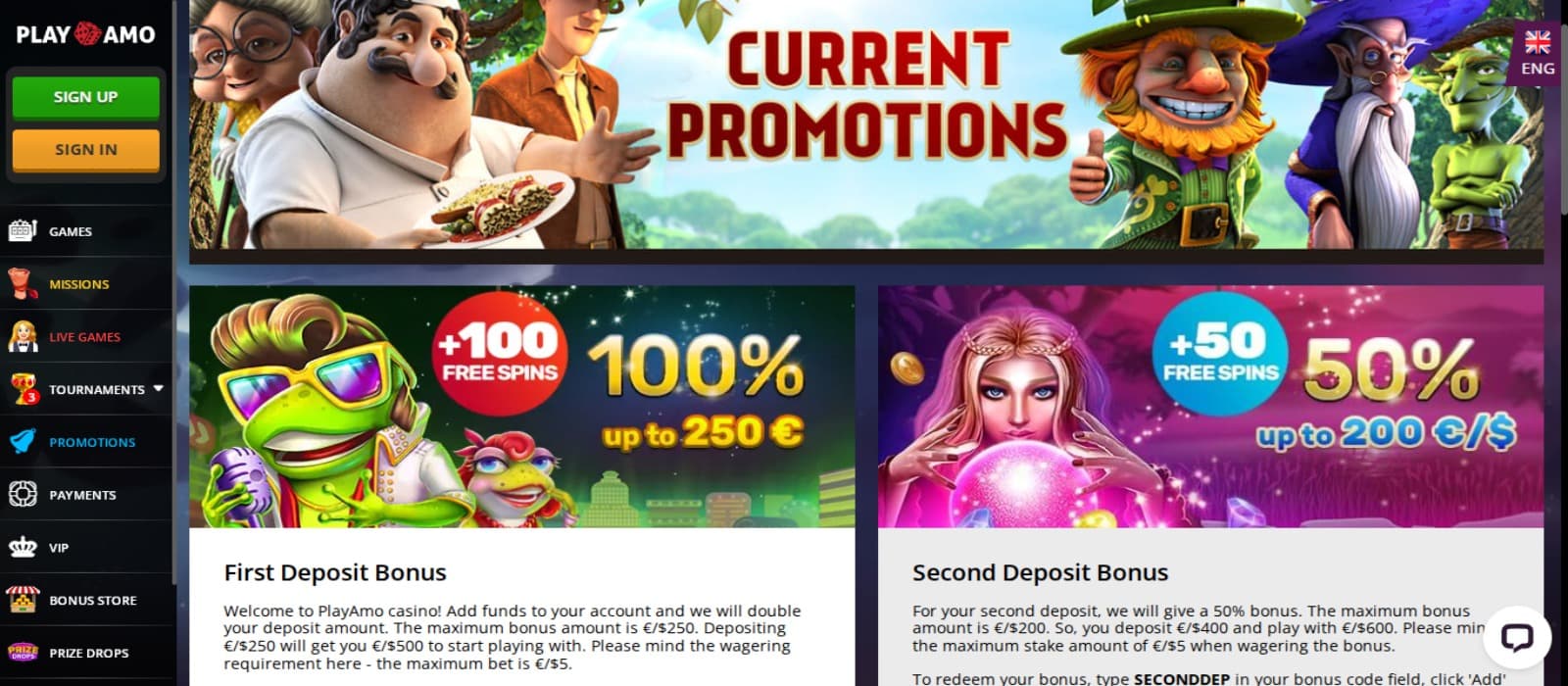 PlayAmo Casino promotions page with the first deposit and second deposit welcome bonus offer banner and slot game icons and the left navigation panel