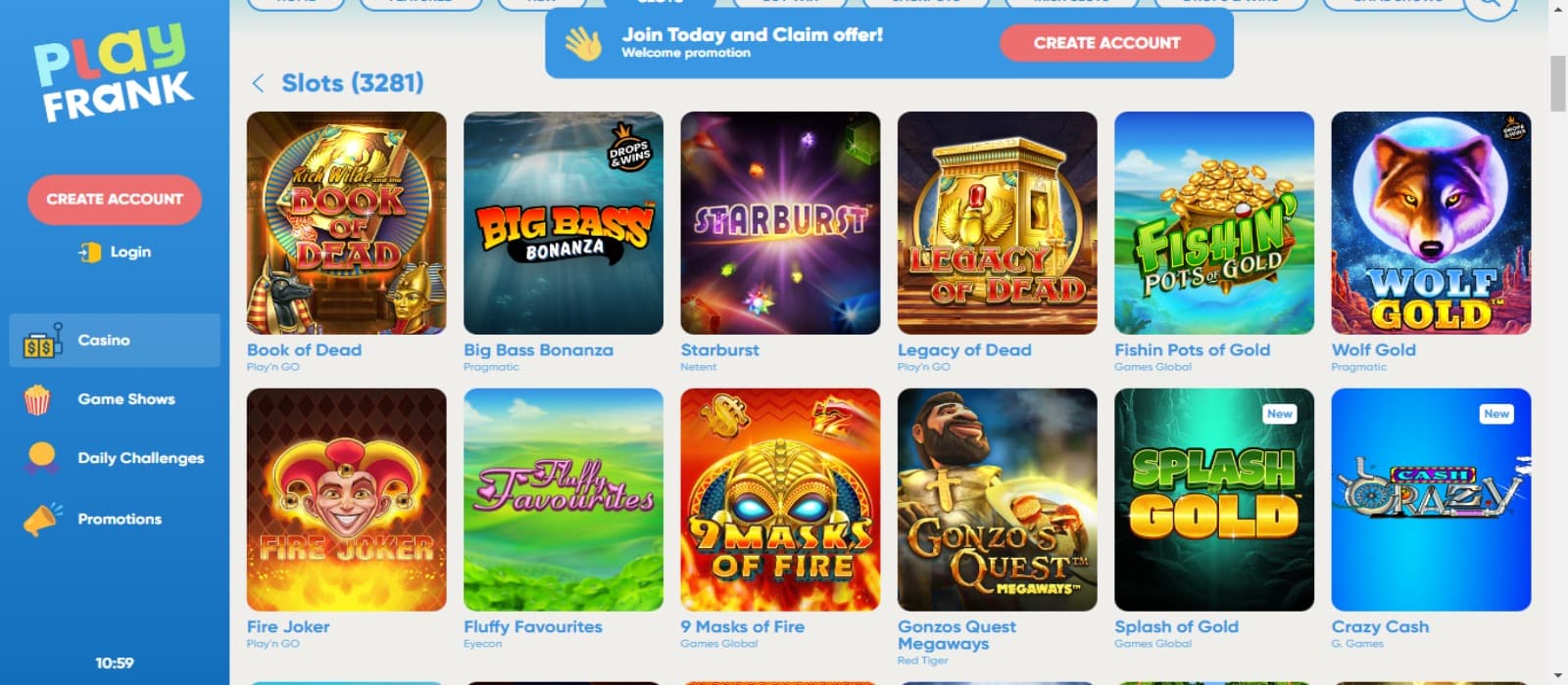 PlayFrank Casino games page with the colorful slot game icons and side navigational panel