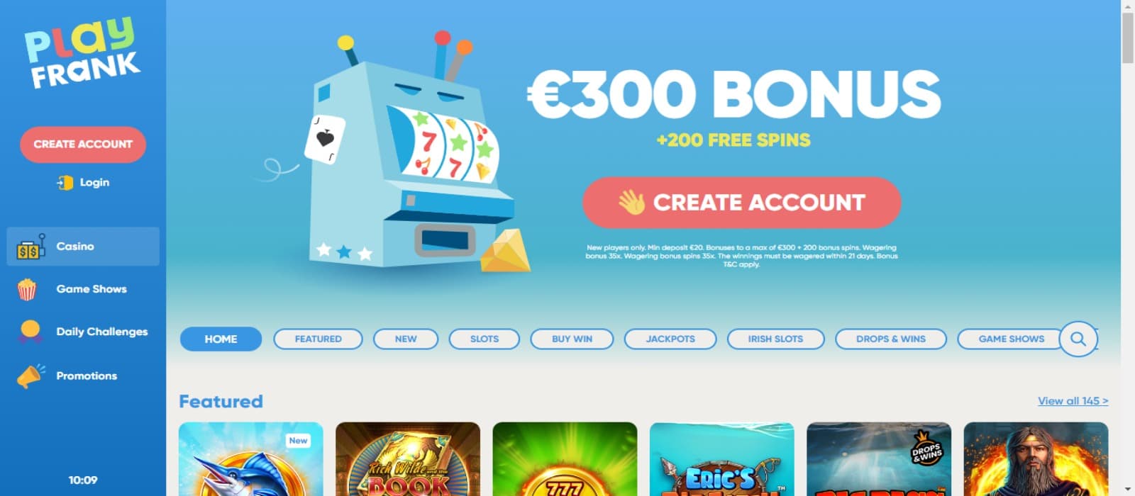 PlayFrank Casino landing page with the welcome bonus banner and side navigational panels with a blue background