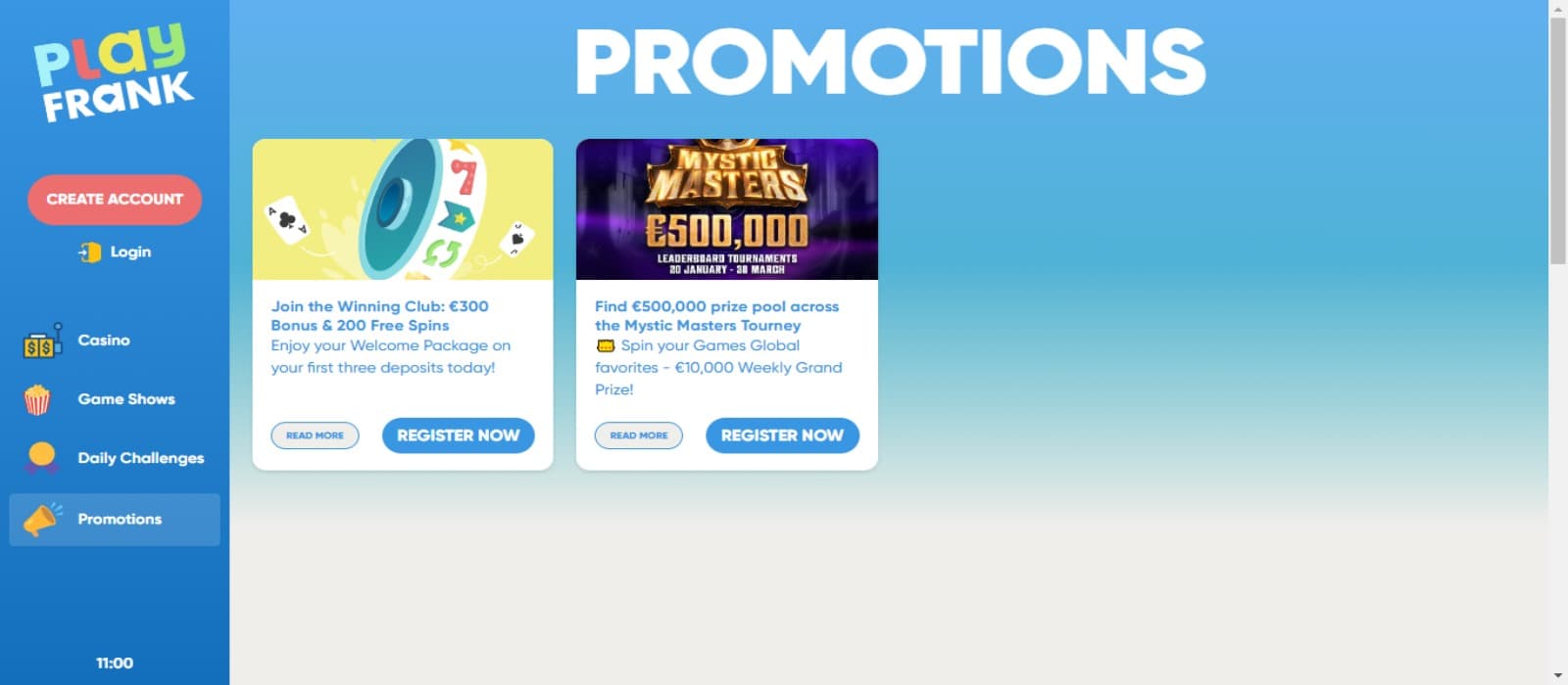 PlayFrank Casino promotions page with the bonus offer banners and side navigational panel