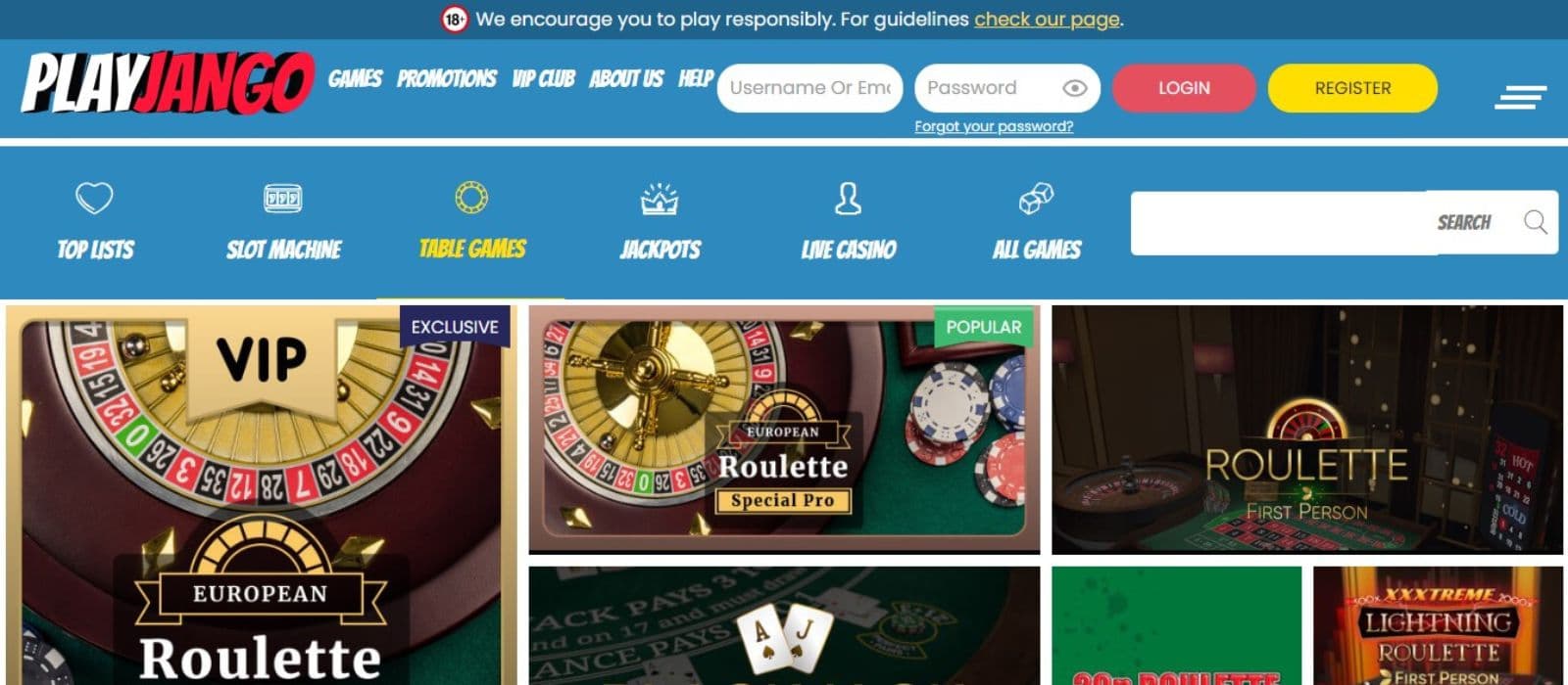 Play Jango Casino's table games category, showing variations of roulette.