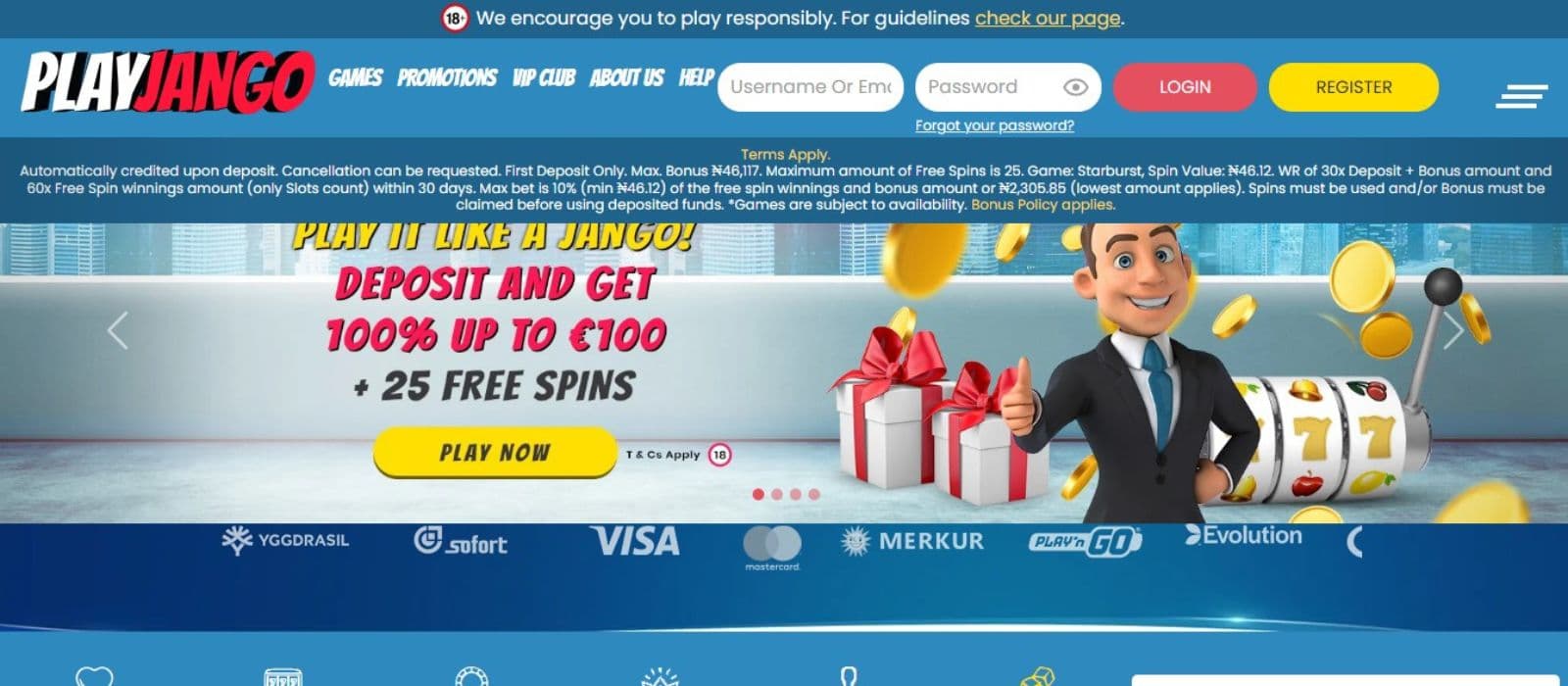 Play Jango Casino's homepage, showing the welcome bonus and a game avatar.