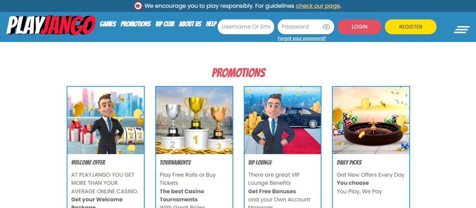 Play Jango Casino's promotion page, showing the welcome bonus and other promotions.