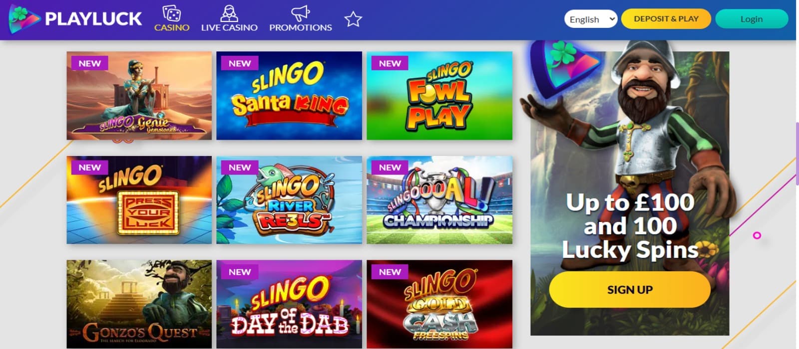 PlayLuck Casino games page with the colorful slot game icons and top navigational menus and casino logo with the welcome bonus banner on the right hand side