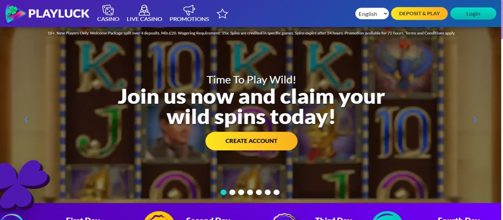 PlayLuck Casino landing page with the wild spins offer banner and neon blue background with top navigational menus