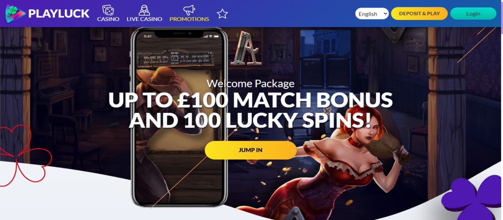 PlayLuck Casino promotions page with the welcome bonus banner and Dead or Alive slot game background with the top navigational menus