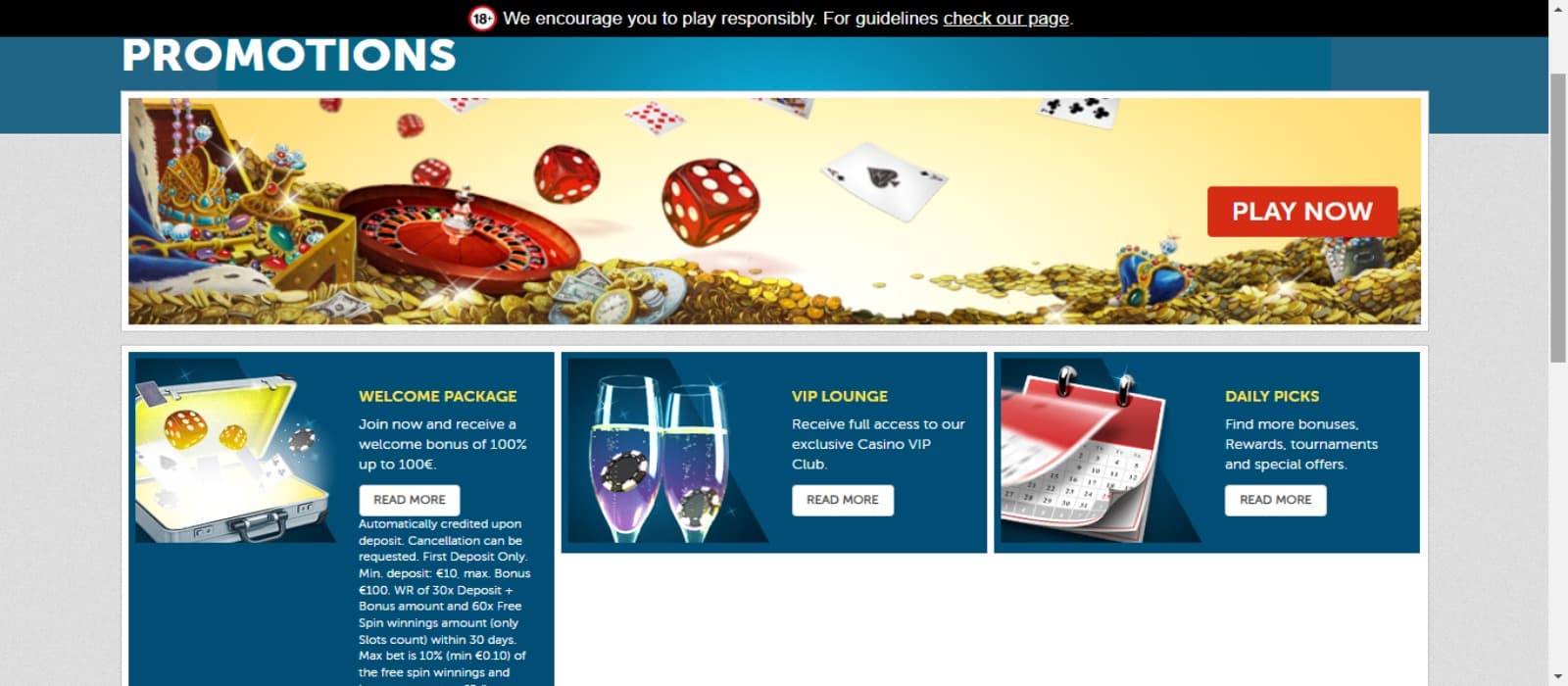 PlayMillon casino promotions page with the welcome bonus offer banner, daily picks banner and VIP lounge banner in blue
