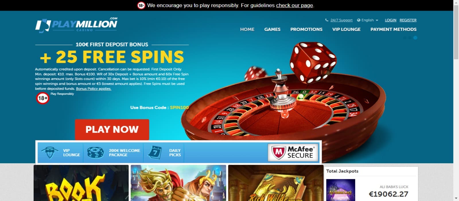 PlayMillion Casino Landing page with the 25 free spins welcome bonus banner in blue and slot game icons below