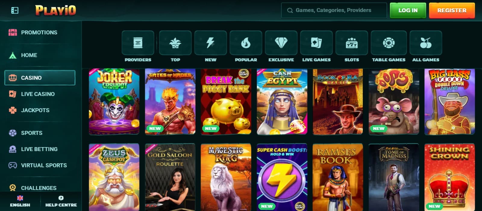 Playio Casino games page with the colorful slot game icons and side navigational menus
