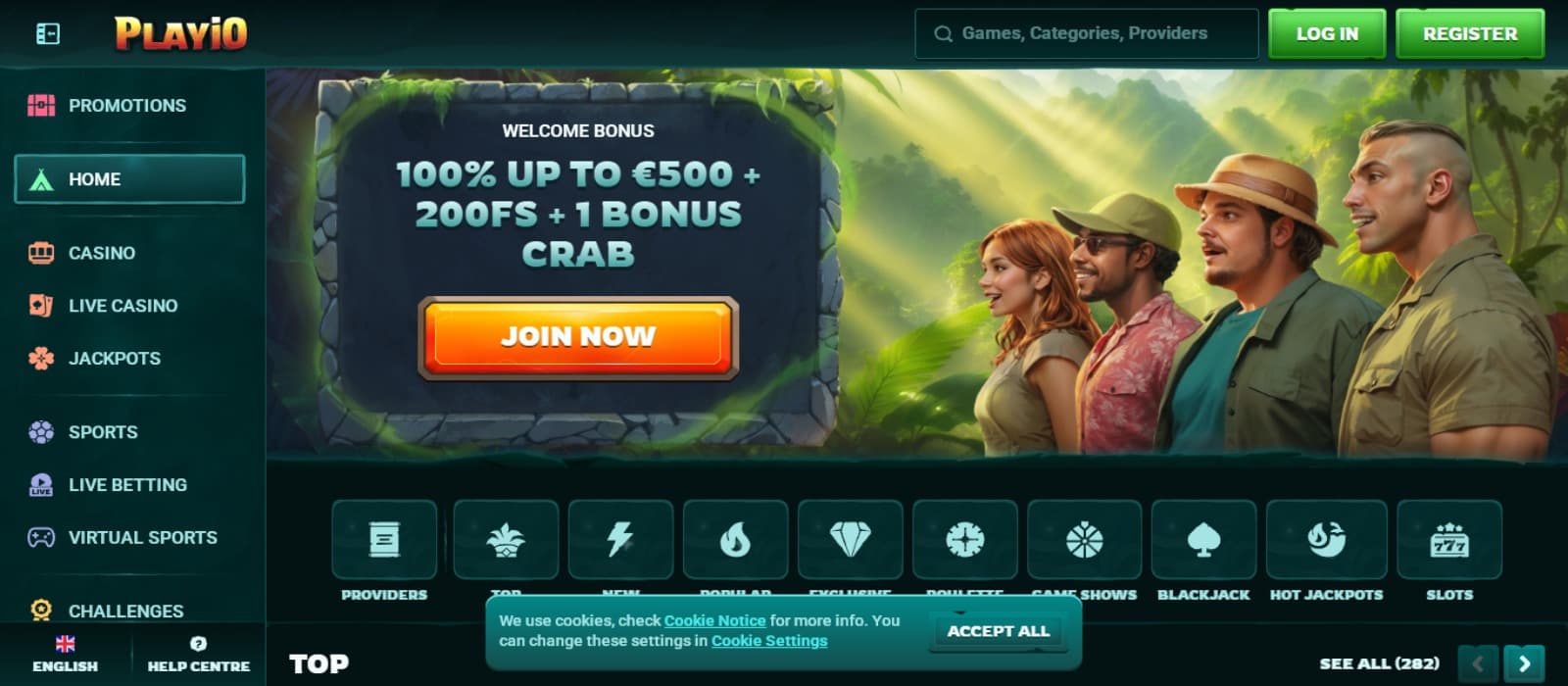 Playio Casino landing page with the welcome bonus offer banner, side navigational menus and game categories below