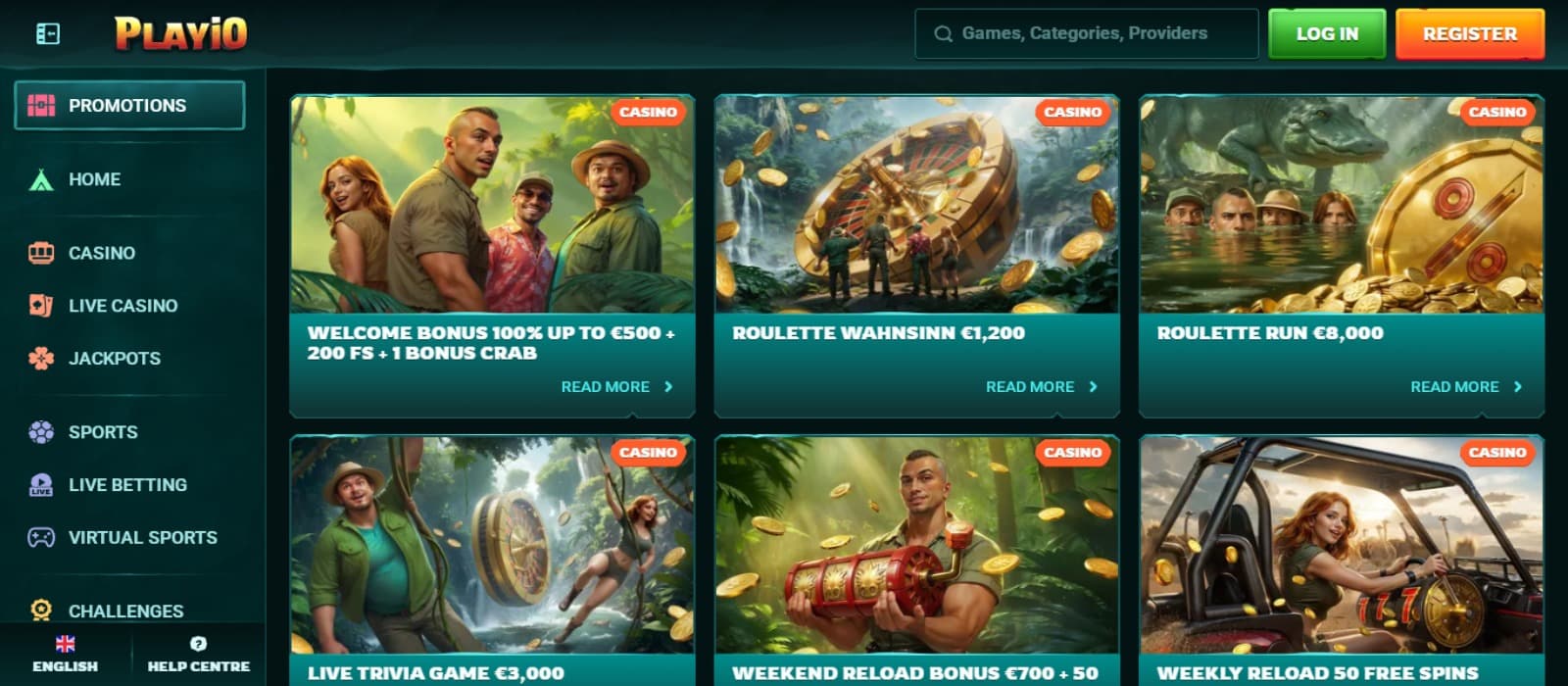 Playio Casino promotions page with the various bonus offer banners and side navigation menus