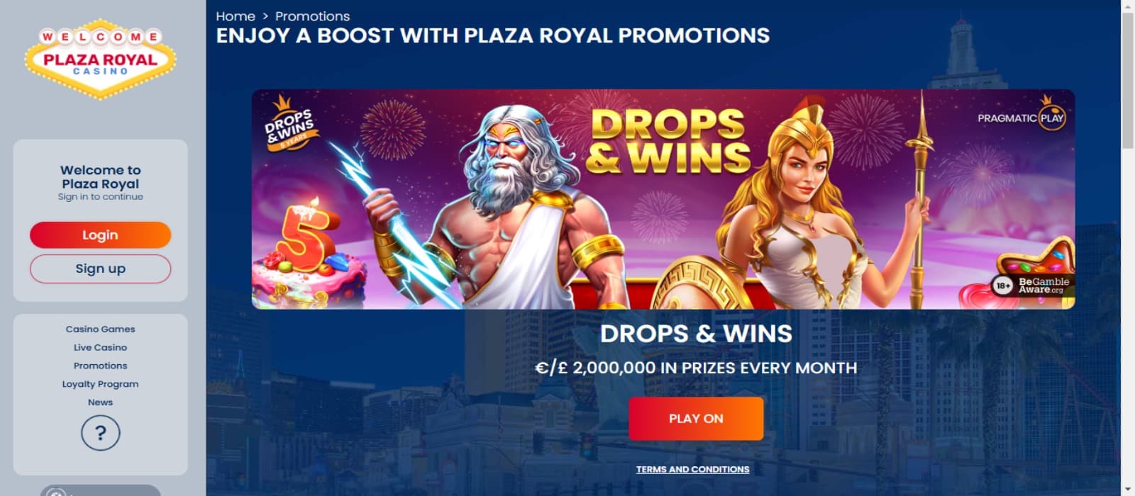 Plaza Royal casino promotions page showing the banner of drops & wins offer banner with animated figures and sign up button on the left