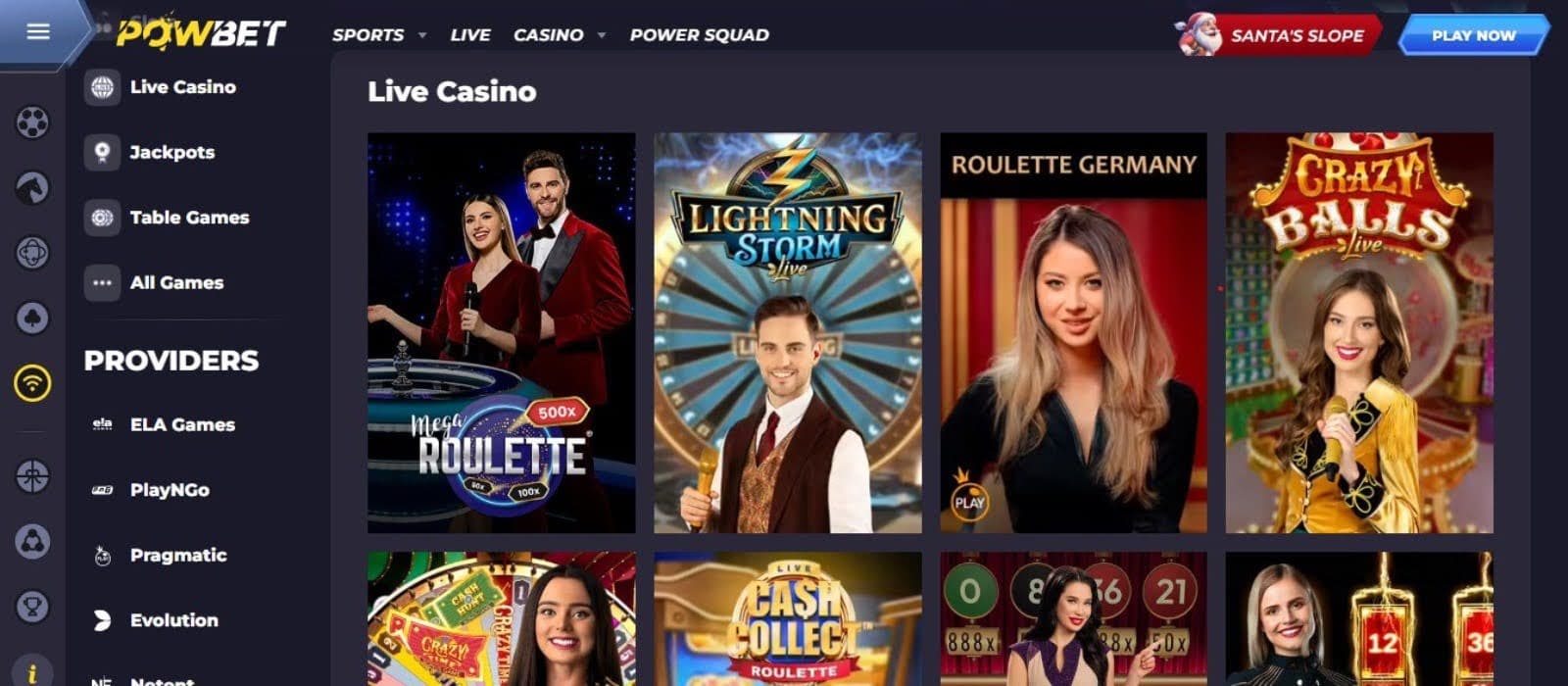 Powbet Casino's live games section, showing variations of roulette.