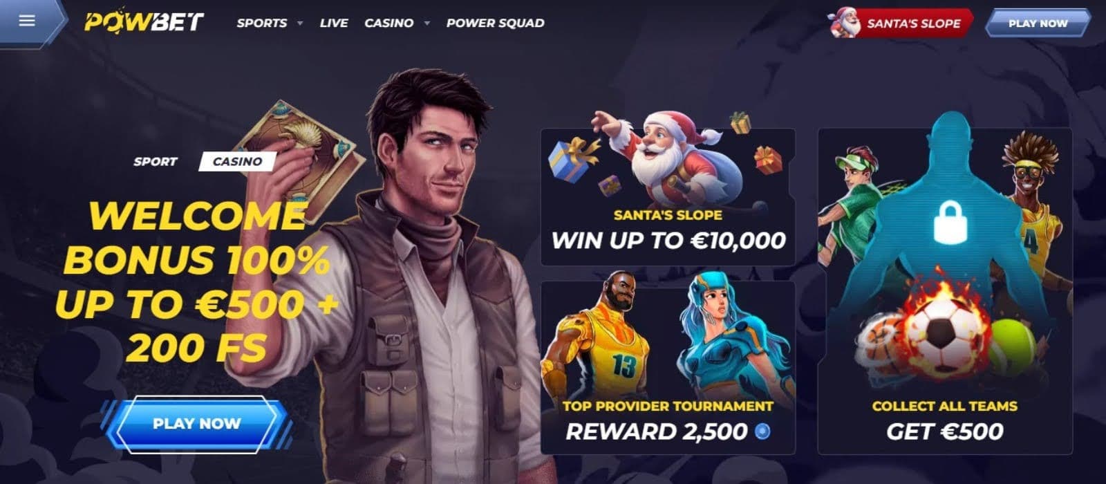 Powbet Casino's homepage, showing the welcome bonus and other promotions with game avatars.