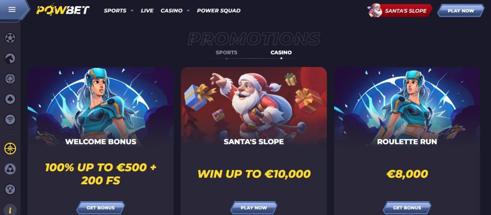 Powbet Casino's promotions page, showing the welcome bonus and other offers.