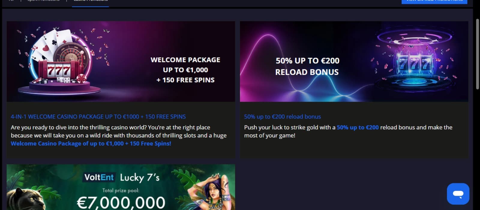Pribet Casino promotions page with the welcome bonus, reload bonus and Lucky 7s offer banners