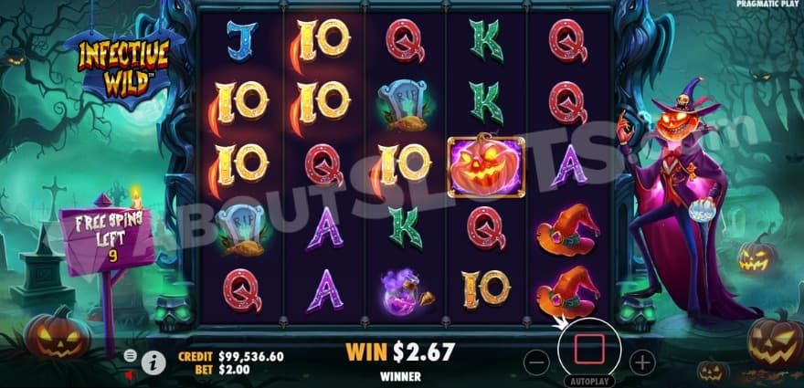 Free Spins feature where you can see one infective wild on the reels.