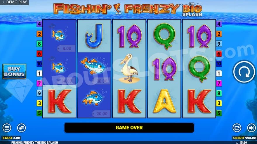 Five reels with fish symbols and royals in the sea.