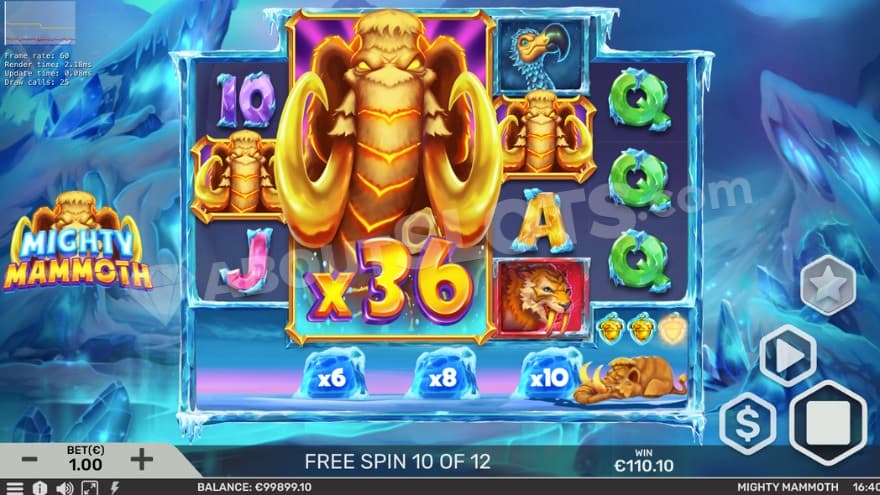 Combined mammoth multipliers showing 36X on the second and third reels.