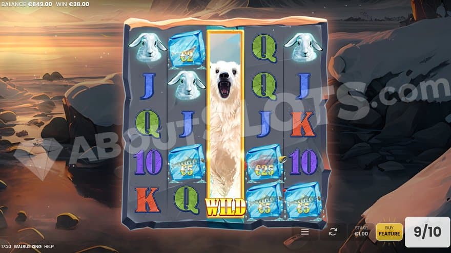 The stacked Wild Polar Bear on the third reel in the Free Spins.