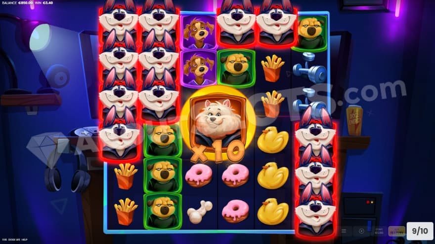 Free Spins bonus game with a 10X mystery coin multiplier in the middle.