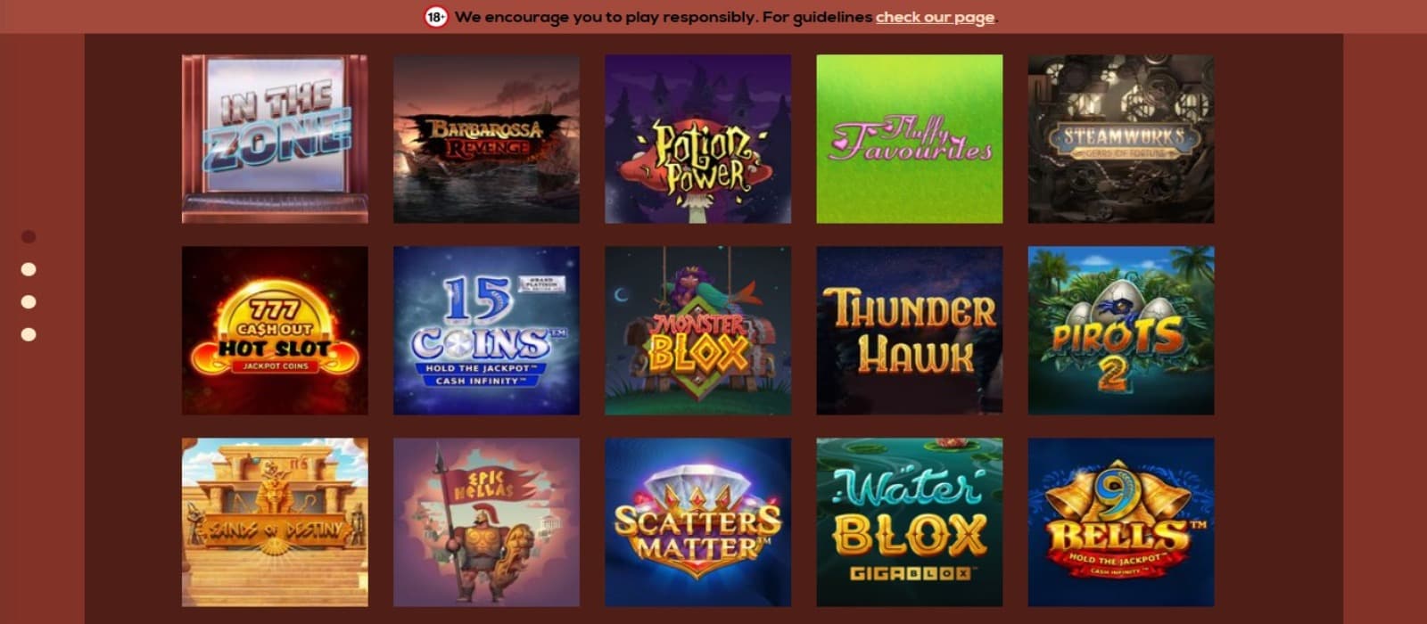 QueenVegas Casino games page with the various slot game icons and a brown background