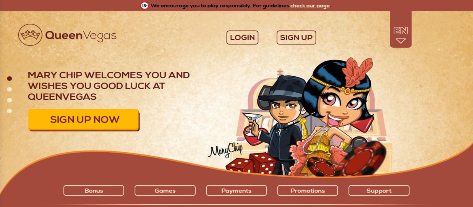 QueenVegas Casino landing page with the welcome bonus offer banner and animated characters with navigational menus below