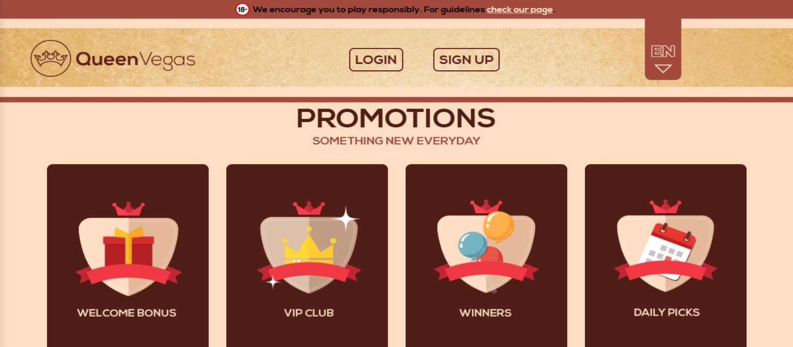 QueenVegas Casino promotions page with the various bonus offer banners and login options at the top